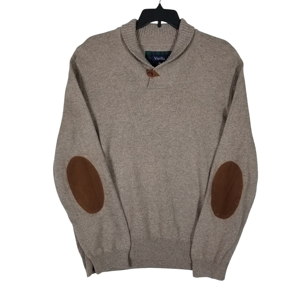 Viyella Sweater Mens XXL Taupe Shawl Collar Merino Wool Blend Elbow Patches